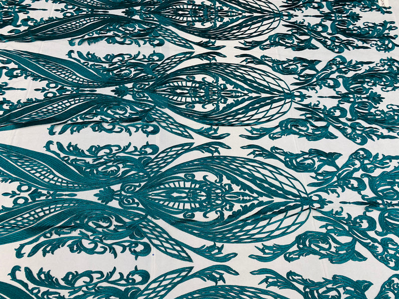 Lace Fabric - Teal - Fancy Damask Pattern Sequins Design Fashion Fabric