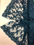 Beaded - Navy - Embroided Small Flower Fabric with Decorated Borders - Sold by The Yard