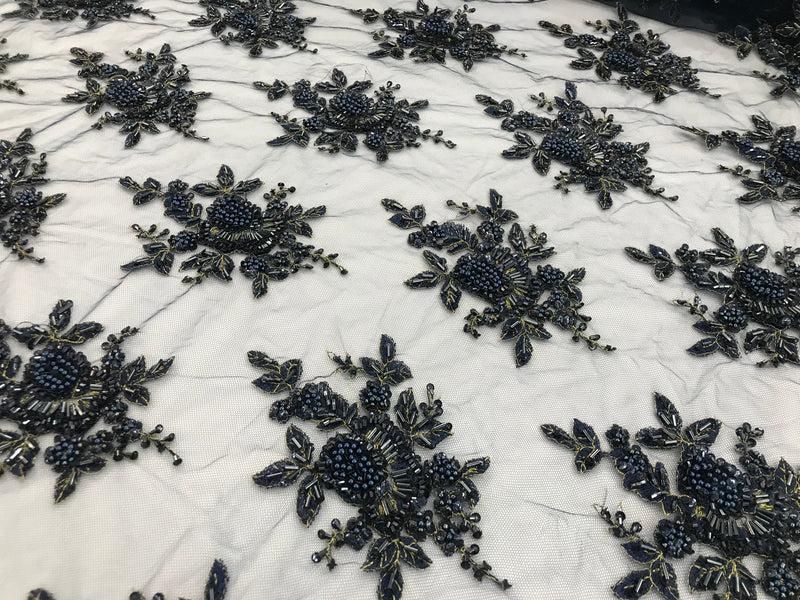 Navy Blue Hand Beaded Embroidered Floral Fabric Lace Bridal Wedding Designs By The Yard