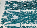 Lace Fabric - Teal - Fancy Damask Pattern Sequins Design Fashion Fabric