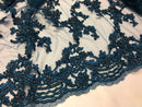 Beaded - Navy - Embroided Small Flower Fabric with Decorated Borders - Sold by The Yard
