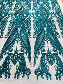 Lace Fabric - Teal - Fancy Damask Pattern Sequins Design Fashion Fabric