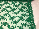 Beaded - Green - Embroided Small Flower Fabric with Decorated Borders - Sold by The Yard