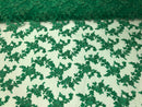 Beaded - Green - Embroided Small Flower Fabric with Decorated Borders - Sold by The Yard