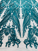 Lace Fabric - Teal - Fancy Damask Pattern Sequins Design Fashion Fabric