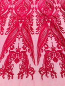 Lace Fabric - Fuschia - Fancy Damask Pattern Sequins Design Fashion Fabric