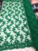 Beaded - Green - Embroided Small Flower Fabric with Decorated Borders - Sold by The Yard