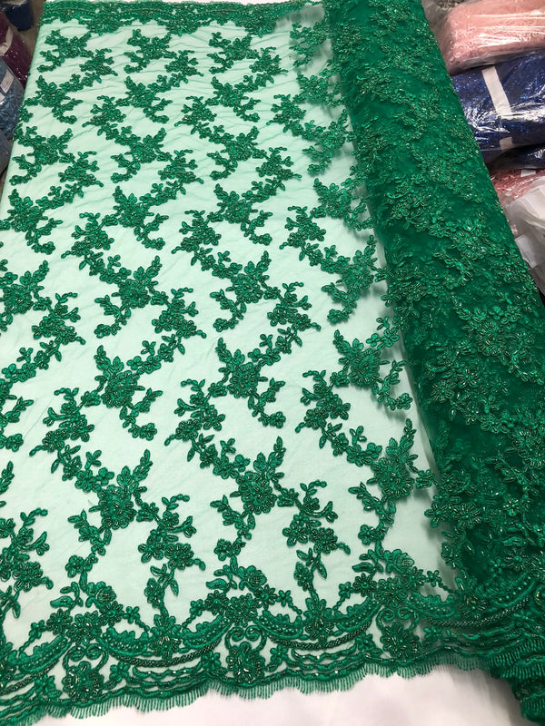 Beaded - Green - Embroided Small Flower Fabric with Decorated Borders - Sold by The Yard