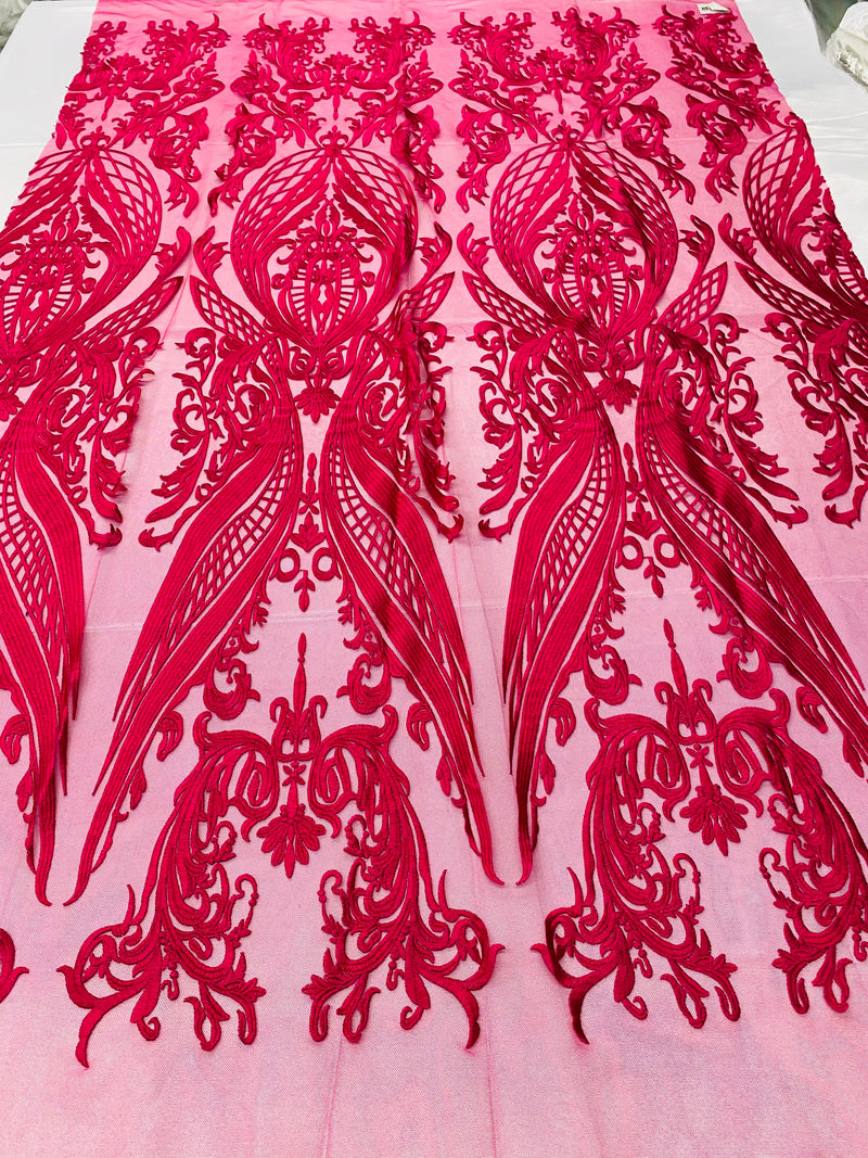 Lace Fabric - Fuschia - Fancy Damask Pattern Sequins Design Fashion Fabric