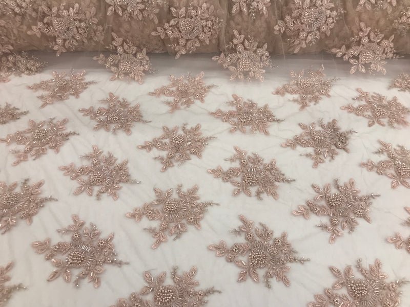 Blush Pink Hand Beaded Embroidered Floral Fabric Lace Bridal Wedding Designs By The Yard