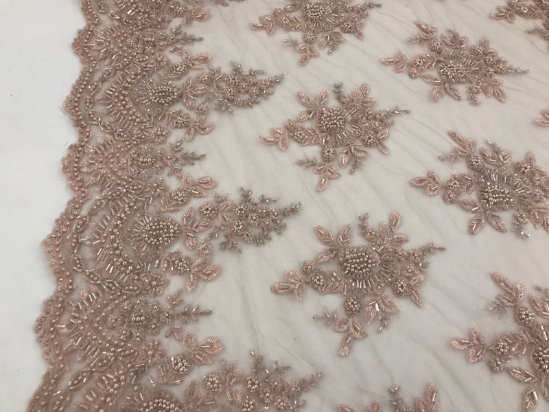 Blush Pink Hand Beaded Embroidered Floral Fabric Lace Bridal Wedding Designs By The Yard