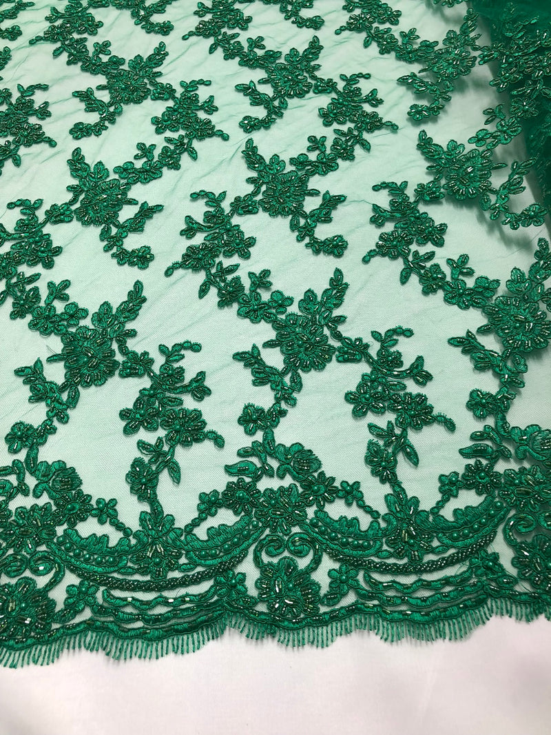 Beaded - Green - Embroided Small Flower Fabric with Decorated Borders - Sold by The Yard