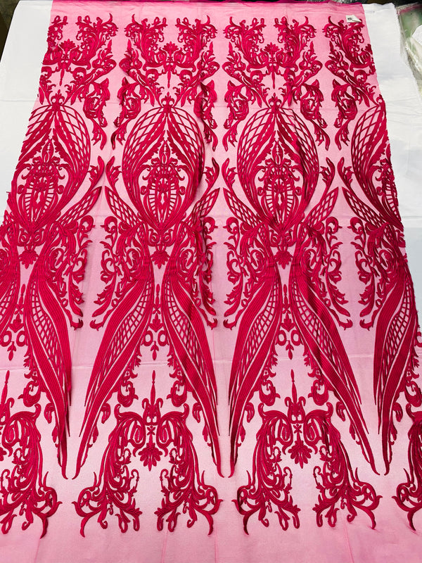 Lace Fabric - Fuschia - Fancy Damask Pattern Sequins Design Fashion Fabric