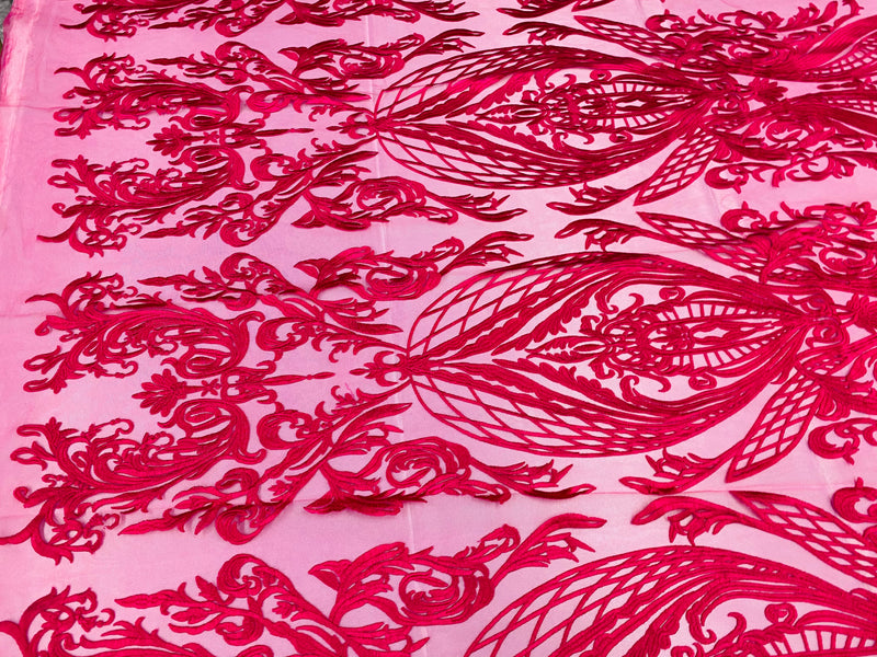 Lace Fabric - Fuschia - Fancy Damask Pattern Sequins Design Fashion Fabric