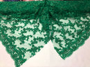 Beaded - Green - Embroided Small Flower Fabric with Decorated Borders - Sold by The Yard
