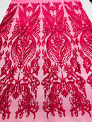 Lace Fabric - Fuschia - Fancy Damask Pattern Sequins Design Fashion Fabric