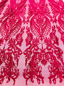 Lace Fabric - Fuschia - Fancy Damask Pattern Sequins Design Fashion Fabric