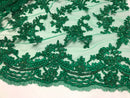 Beaded - Green - Embroided Small Flower Fabric with Decorated Borders - Sold by The Yard