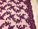 Beaded - Purple - Embroided Small Flower Fabric with Decorated Borders - Sold by The Yard