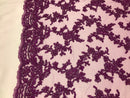 Beaded - Purple - Embroided Small Flower Fabric with Decorated Borders - Sold by The Yard