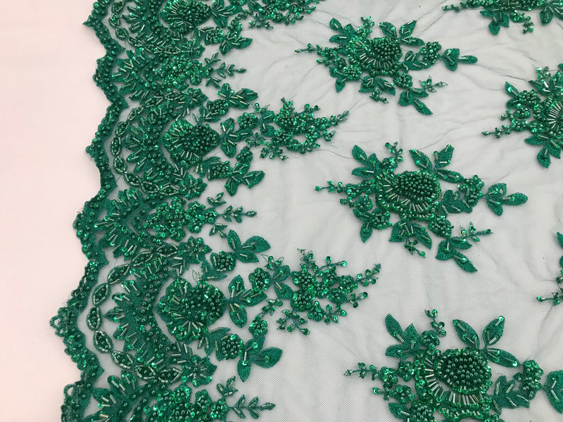 Jade Green Hand Beaded Embroidered Floral Fabric Lace Bridal Wedding Designs By The Yard