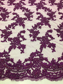 Beaded - Purple - Embroided Small Flower Fabric with Decorated Borders - Sold by The Yard