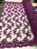 Beaded - Purple - Embroided Small Flower Fabric with Decorated Borders - Sold by The Yard