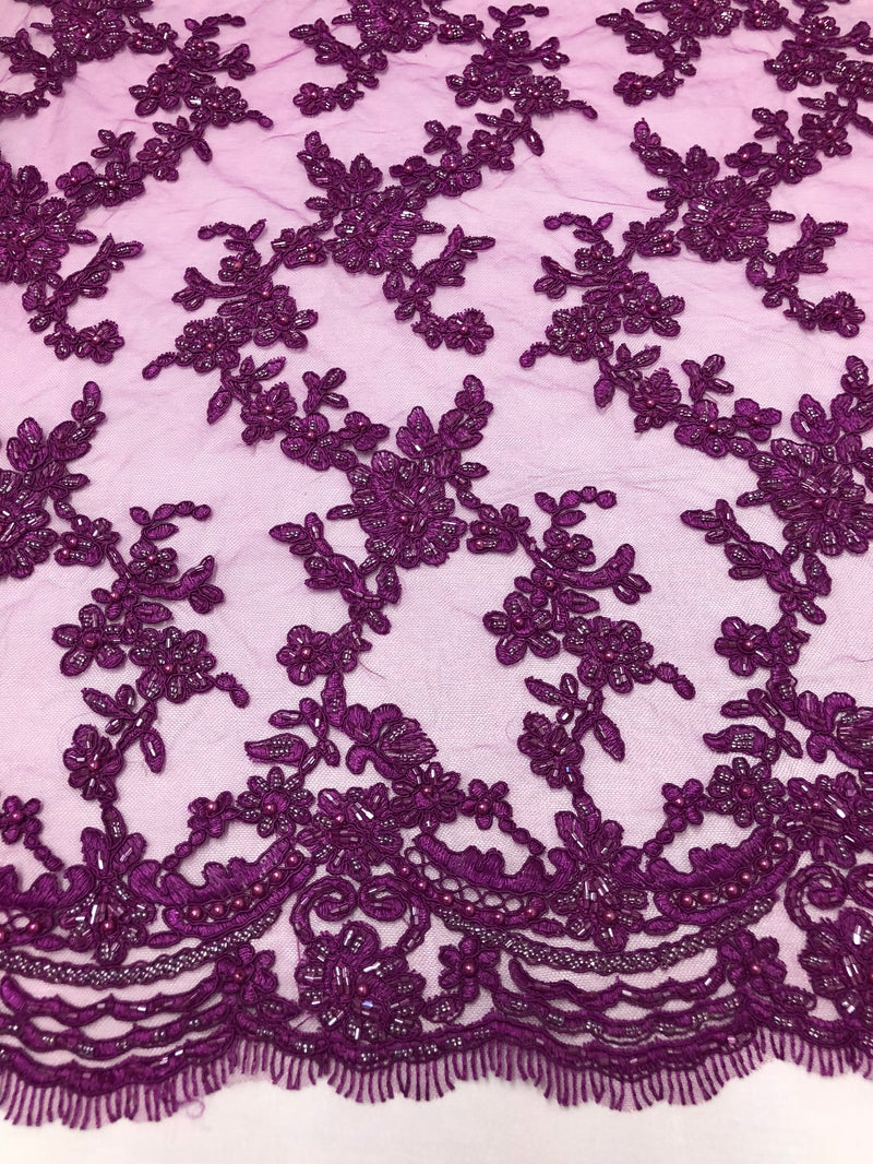 Beaded - Purple - Embroided Small Flower Fabric with Decorated Borders - Sold by The Yard