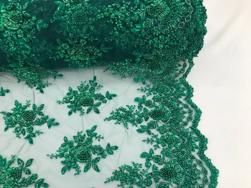 Jade Green Hand Beaded Embroidered Floral Fabric Lace Bridal Wedding Designs By The Yard
