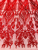 Lace Fabric - Red - Fancy Damask Pattern Sequins Design Fashion Fabric