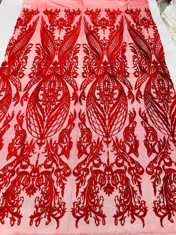 Lace Fabric - Red - Fancy Damask Pattern Sequins Design Fashion Fabric