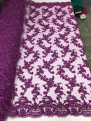 Beaded - Purple - Embroided Small Flower Fabric with Decorated Borders - Sold by The Yard