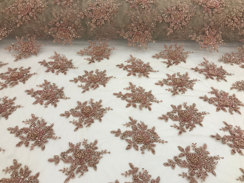 Rose Gold Hand Beaded Embroidered Floral Fabric Lace Bridal Wedding Designs By The Yard