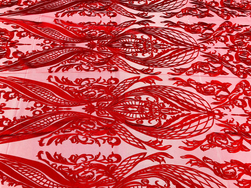 Lace Fabric - Red - Fancy Damask Pattern Sequins Design Fashion Fabric