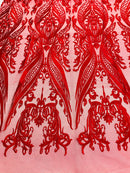 Lace Fabric - Red - Fancy Damask Pattern Sequins Design Fashion Fabric