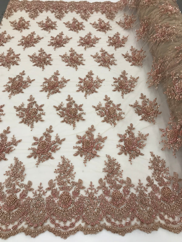 Rose Gold Hand Beaded Embroidered Floral Fabric Lace Bridal Wedding Designs By The Yard