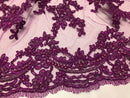 Beaded - Purple - Embroided Small Flower Fabric with Decorated Borders - Sold by The Yard