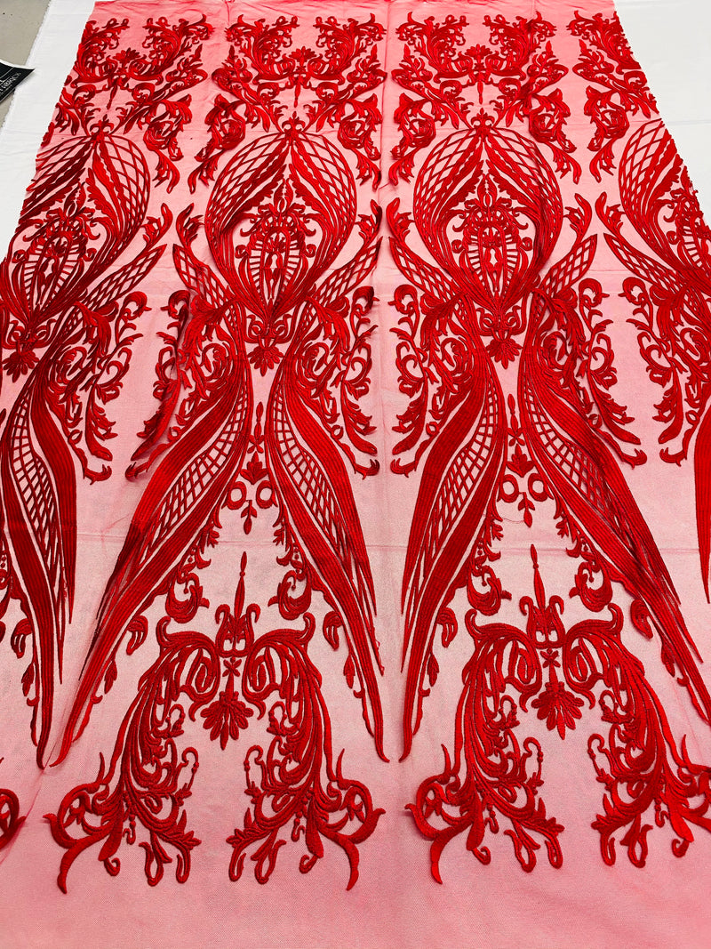 Lace Fabric - Red - Fancy Damask Pattern Sequins Design Fashion Fabric