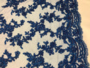 Beaded - Royal Blue - Embroided Small Flower Fabric with Decorated Borders - Sold by The Yard
