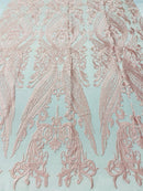 Lace Fabric - Pink - Fancy Damask Pattern Sequins Design Fashion Fabric