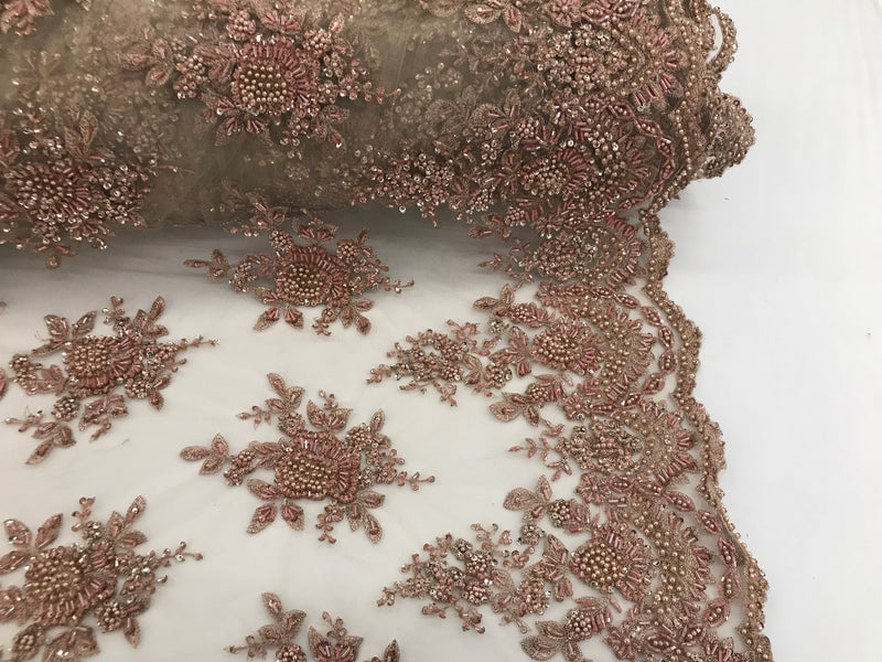 Rose Gold Hand Beaded Embroidered Floral Fabric Lace Bridal Wedding Designs By The Yard