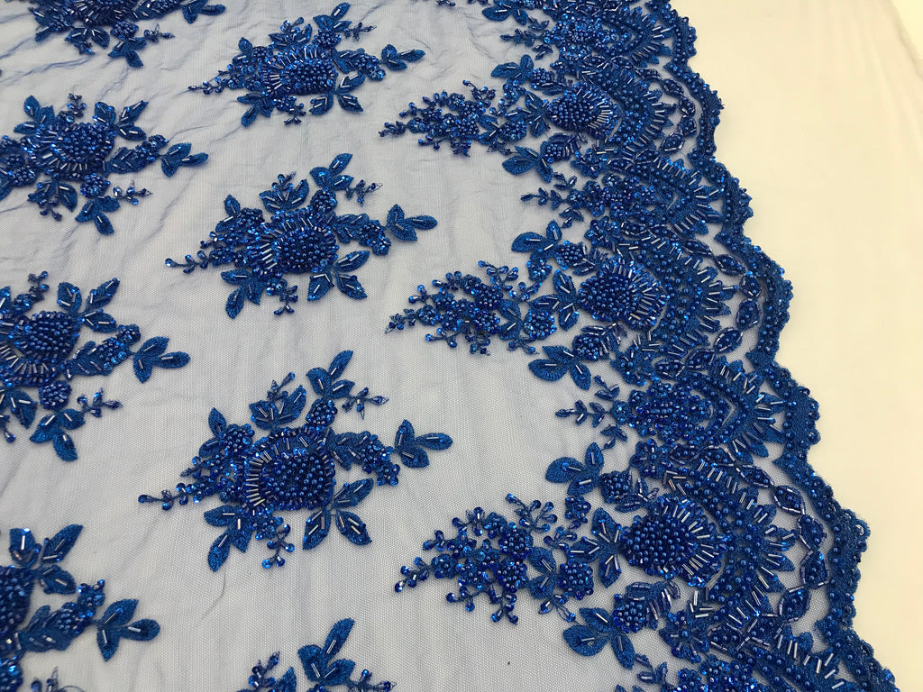 Royal Blue Hand Beaded Embroidered Floral Fabric Lace Bridal Wedding D