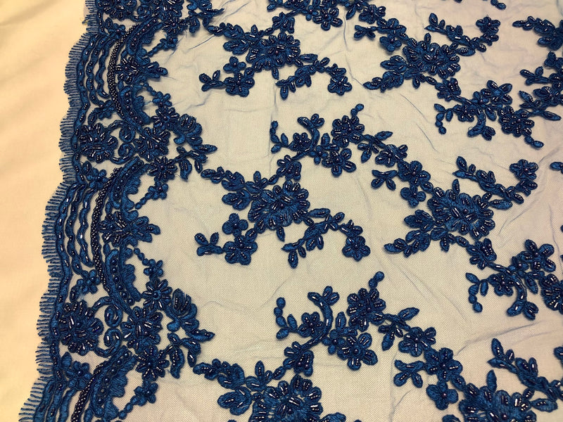 Beaded - Royal Blue - Embroided Small Flower Fabric with Decorated Borders - Sold by The Yard