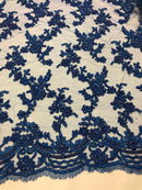 Beaded - Royal Blue - Embroided Small Flower Fabric with Decorated Borders - Sold by The Yard
