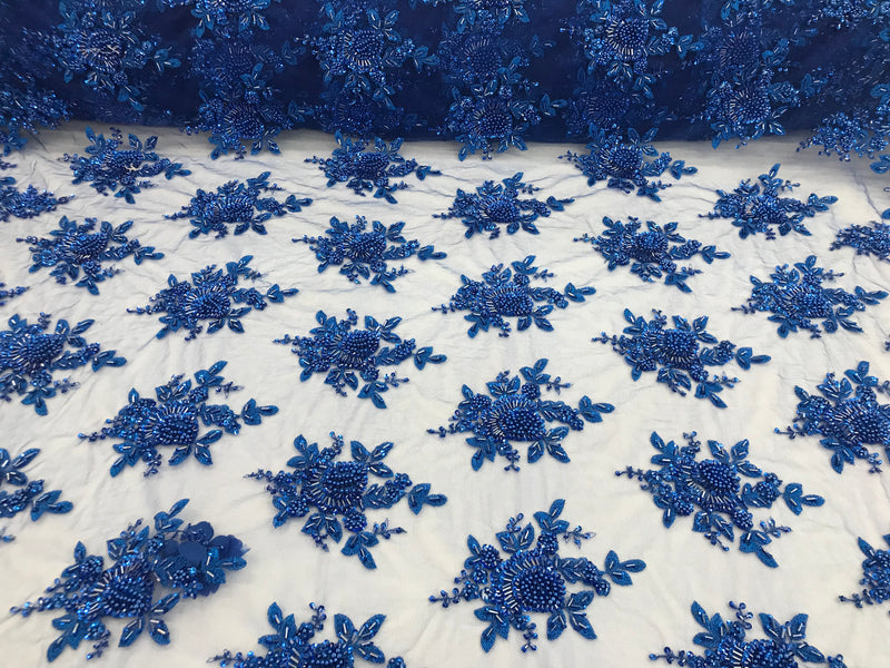 Royal Blue Hand Beaded Embroidered Floral Fabric Lace Bridal Wedding Designs By The Yard