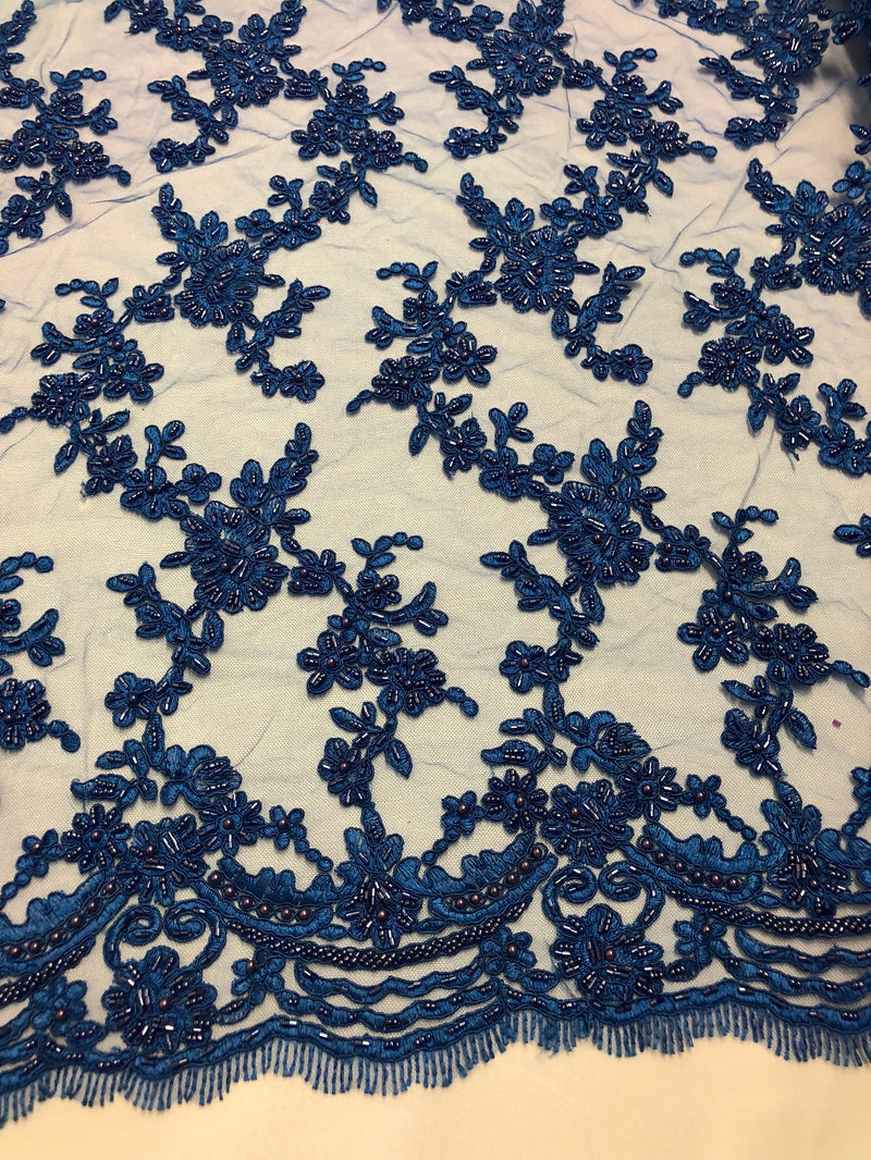 Beaded - Royal Blue - Embroided Small Flower Fabric with Decorated Borders - Sold by The Yard
