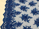 Royal Blue Hand Beaded Embroidered Floral Fabric Lace Bridal Wedding Designs By The Yard