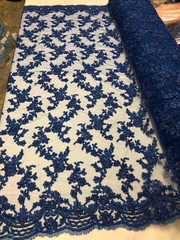 Beaded - Royal Blue - Embroided Small Flower Fabric with Decorated Borders - Sold by The Yard