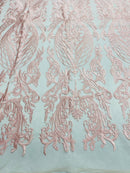 Lace Fabric - Pink - Fancy Damask Pattern Sequins Design Fashion Fabric