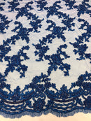 Beaded - Royal Blue - Embroided Small Flower Fabric with Decorated Borders - Sold by The Yard